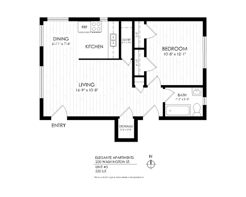 Floor plan for 1 bed, 1 bath, 565 sqft